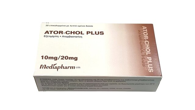 Top view of a package of Ator Chol Plus by Mediapharm, a medicine designed to manage cholesterol levels and reduce cardiovascular risk.