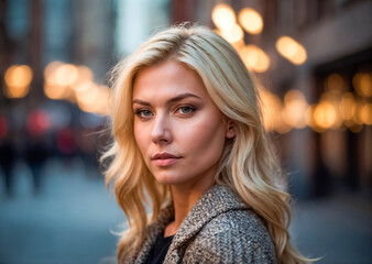 Obraz premium Portrait of a young blonde woman against a defocused city background