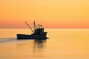 Fototapeta premium A fishing boat on calm waters at sunset, seascape photography, with copy space