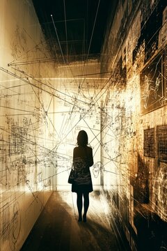 A woman of Asian descent stands in a hallway surrounded by abstract designs.