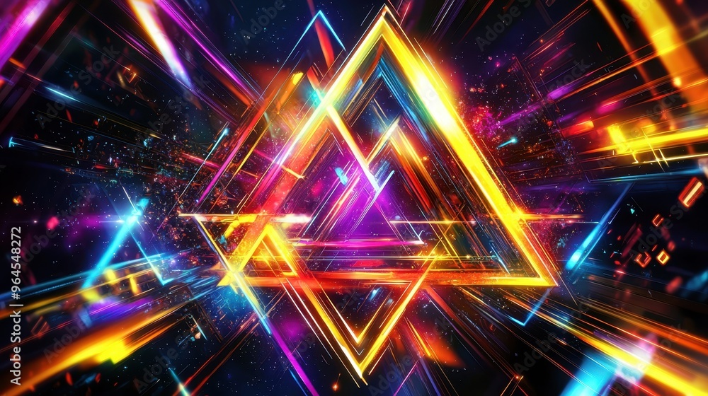Poster illuminated geometric abstraction: futuristic design with colorful light streaks
