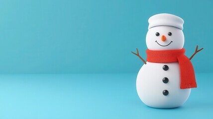 Fototapeta premium Snowman, with a carrot nose and scarf, 3D illustration, copy space for text,
