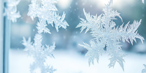 The texture of ice patterns on the window glass in winter frost. Christmas background with frosty pattern.