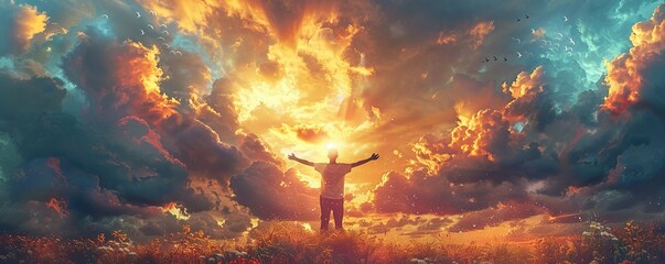 A person conquering a fear, with a triumphant smile and arms raised in victory.