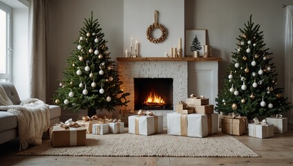 Сhristmas tree with presents interior in Scandinavian style