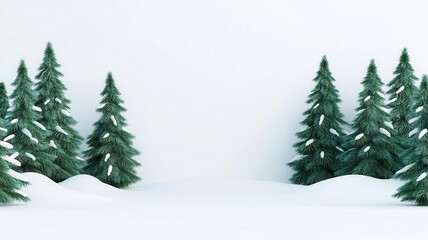 Snow-covered pine trees, serene winter forest, 3D illustration, copy space for text,