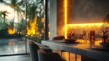 Futuristic neon themed bar with glowing countertops artistic seating and ambient lighting for a modern twist.