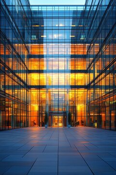 Modern glass building reflecting warm sunset hues, showcasing contemporary architecture.