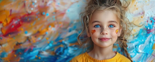 A child with a mischievous grin, holding a paintbrush and creating colorful artwork on a large canvas with splatters of paint against a plain white background. 4K hyperrealistic photo.
