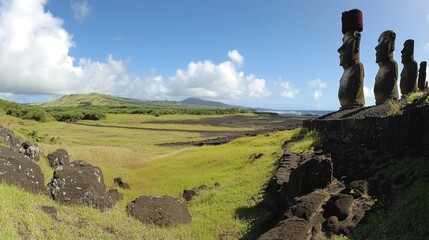 A panoramic view of the Moai statues at Ahu Akivi, with the island's rugged terrain visible in the background.
