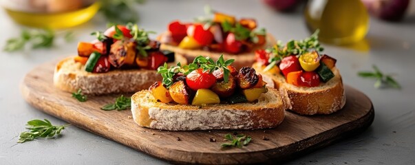Delicious bruschetta topped with fresh vegetables on a wooden board, perfect for appetizers and gourmet meals.