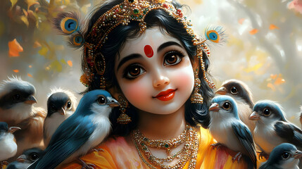 A serene depiction of a young girl surrounded by birds, embodying innocence and nature.