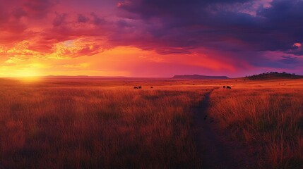 A panoramic view of the Serengeti at sunset, with the sky ablaze with color and the savanna stretching out as far as the eye can see.