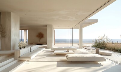 Minimalist beach house with clean, simple lines.