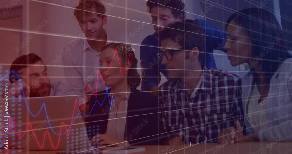 Poster animation of data processing and diagrams over diverse business people discussing work