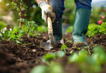 A close-up of a shovel turning soil in a vegetable patch