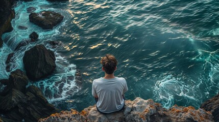 Fototapeta premium A man sits on the edge of a cliff, gazing out at the powerful ocean waves below, reflecting on the vastness of nature..