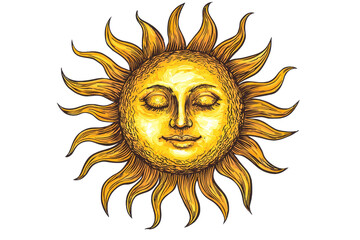 Artistic depiction of a radiant sun with a serene face, golden rays extending outward, representing warmth and positive energy.