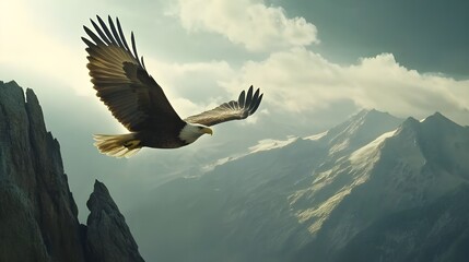 Fototapeta premium Eagle flying majestically over the rocky mountain cliffs picture