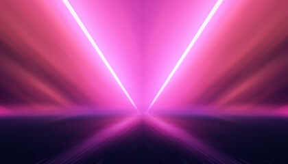 Neon tunnel with geometric lamps, pink and purple light, dark corridor, futuristic dark neon portal.