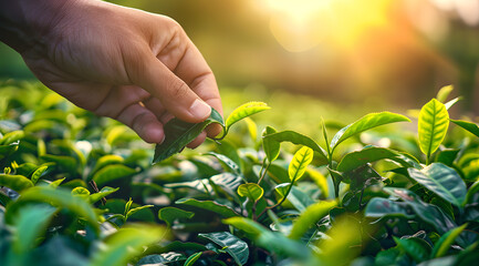 Fototapeta premium Hand picking tea close-up