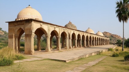 Obraz premium A peaceful view of the Elephant Stables in Hampi, with their grand arches and domed roofs.