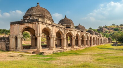 Fototapeta premium A peaceful view of the Elephant Stables in Hampi, with their grand arches and domed roofs.