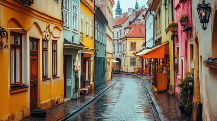 Fototapeta premium A picturesque street in Prague's Old Town, lined with pastel-colored historic buildings and shops.