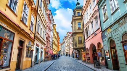 Obraz premium A picturesque street in Prague's Old Town, lined with pastel-colored historic buildings and shops.