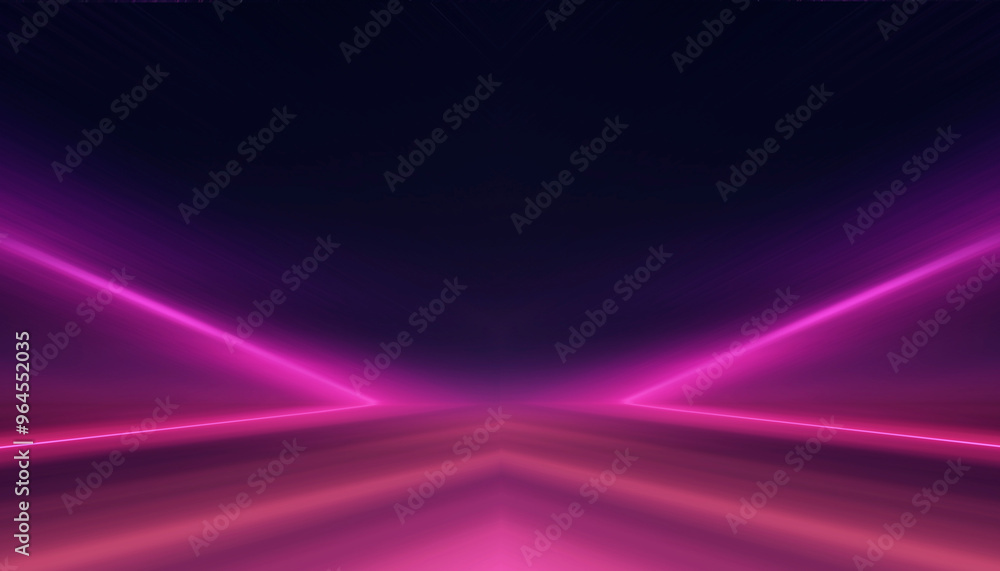 Poster neon tunnel with geometric lamps, pink and purple light, dark corridor, futuristic dark neon portal.