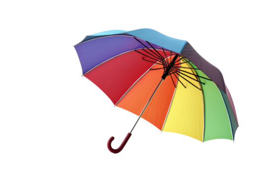 Bright and colorful rainbow umbrella isolated on a transparent background. Perfect image for weather, protection, and fashion themes.
