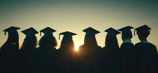 Silhouette of a group of graduates with caps and gowns in front of a sunset. A symbol of achievement, education, and hope for the future.