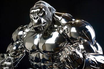 A metallic silver robotic gorilla pounding its chest in a display of strength and dominance