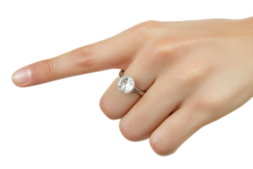 Close-up of a hand with an elegant engagement ring, pointing with the index finger against a transparent background.