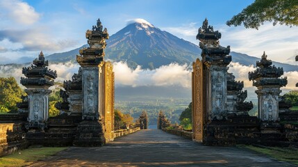 Fototapeta premium A quiet moment at the Pura Luhur Lempuyang Temple, with the famous Gates of Heaven framing Mount Agung.