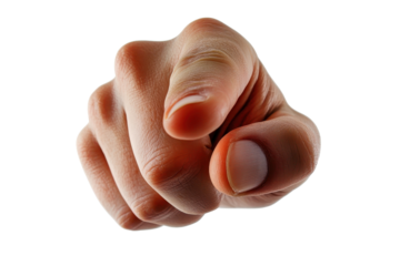 Close-up of a human hand pointing towards the viewer, isolated on a transparent background. Concept of direction, choice, or selection.