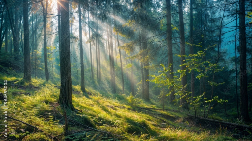 Poster sunlight streams through tall pine trees in a peaceful forest, illuminating the lush greenery and cr