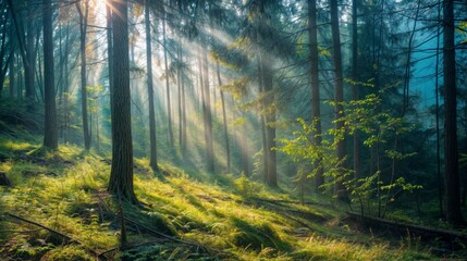 Obraz premium Sunlight streams through tall pine trees in a peaceful forest, illuminating the lush greenery and creating a serene atmosphere..