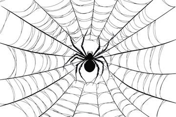 Obraz premium Close-up of a symmetrical spider web with a spider at the center against a dark background, showcasing intricate details and delicate craftsmanship.