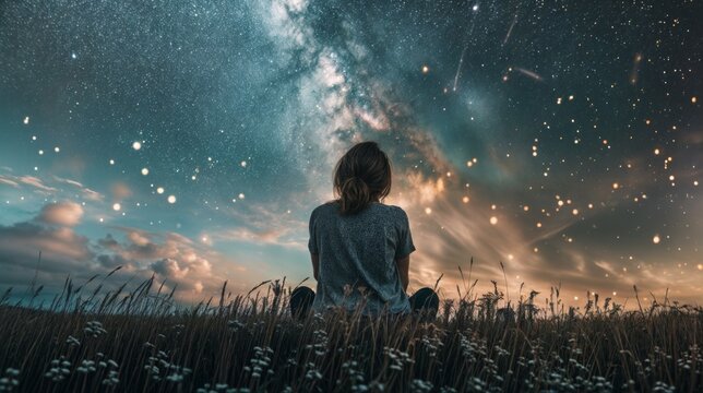 A woman sits in a field, gazing up at the Milky Way and star-filled sky, reflecting a sense of wonder and peace..