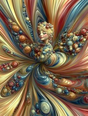 Obraz premium Surreal depiction of a woman enmeshed in vibrant swirling patterns and colorful abstract designs.