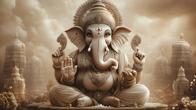 A serene depiction of Lord Ganesha, symbolizing wisdom and prosperity in a divine setting.