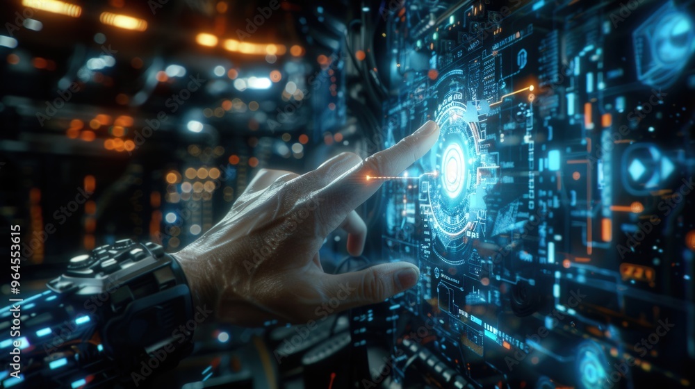 Poster hand interacting with a glowing high-tech virtual interface in a dark, futuristic control room. intr