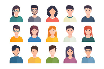 Collection of diverse cartoon character avatars in flat design style. Perfect for profiles, user interfaces, and social media illustrations.