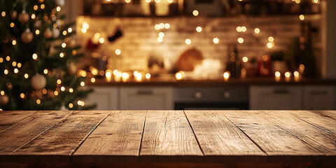 Festive kitchen backdrop with empty wooden table in foreground, Christmas tree and twinkling lights creating a warm, cozy atmosphere for holiday cooking and gatherings.