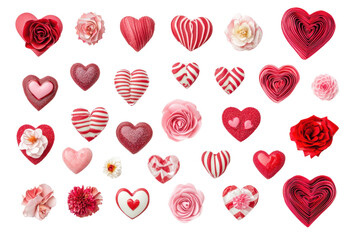Collection of heart shapes and floral designs, perfect for Valentine's Day or romantic themes, featuring various red and pink patterns.