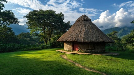 Obraz premium A serene shot of a traditional Socotran hut, with its thatched roof blending into the surrounding landscape.