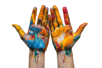 Colorful painted hands showing bright creativity and artistic expression, perfect for illustrating creative projects or art activities.