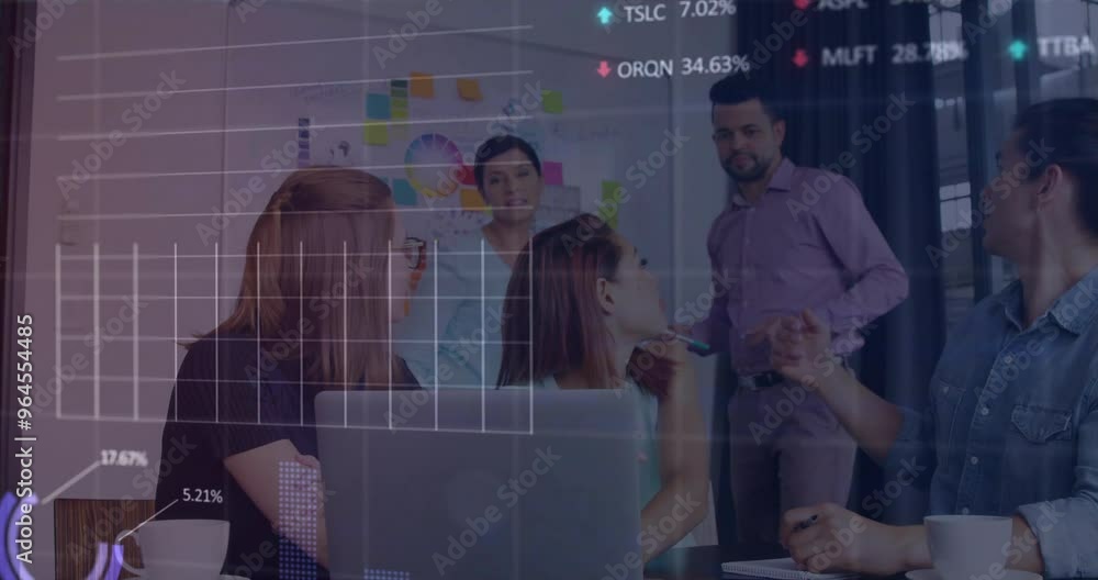 Poster animation of data processing and diagrams over diverse business people discussing work