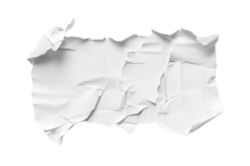Crumpled sheet of white paper isolated on transparent background. Detailed texture and realism for design and conceptual art projects.